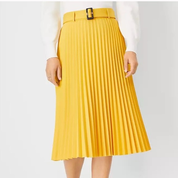 Ann Taylor Belted Pleated Midi Skirt Yellow Size 8 NWOT Spring Easter Workwear - Picture 2 of 7